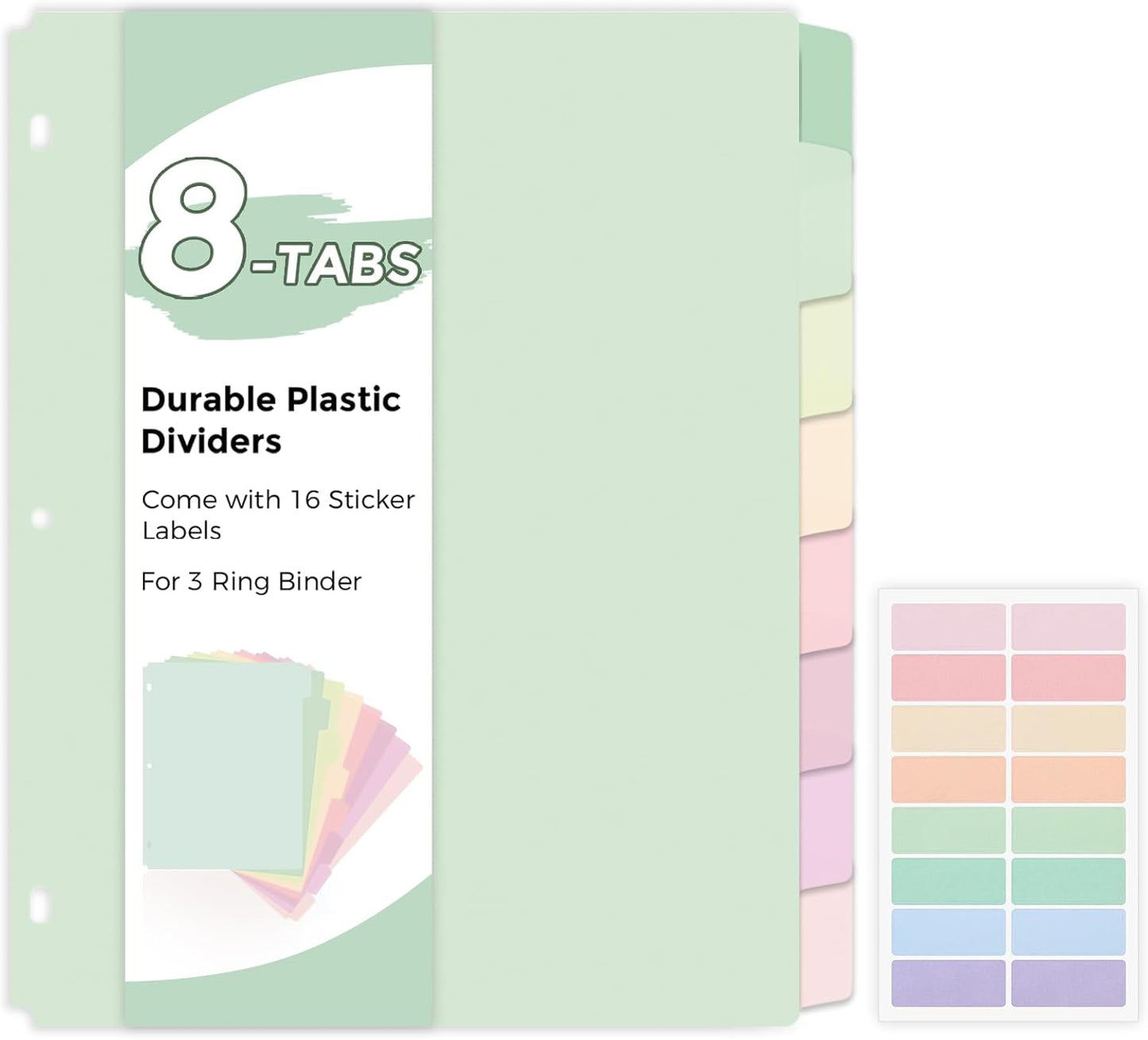 SKYDUE 8 Tab Durable Plastic Dividers, Big Tab Dividers for 3 Ring Binder, Letter Size,Write & Erase Binder Dividers with Tabs, with Sticker Labels, 1 Set, Aesthetic Pastels Binder Dividers