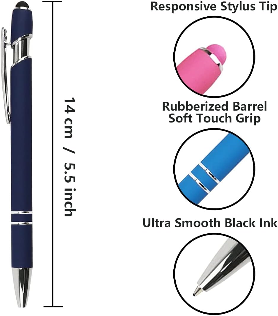 Oddmoal Ballpoint Pen with Stylus Tip, Soft Touch Click Metal Pen, 1.0mm Medium Point, Black Ink, 12 Count(Black)