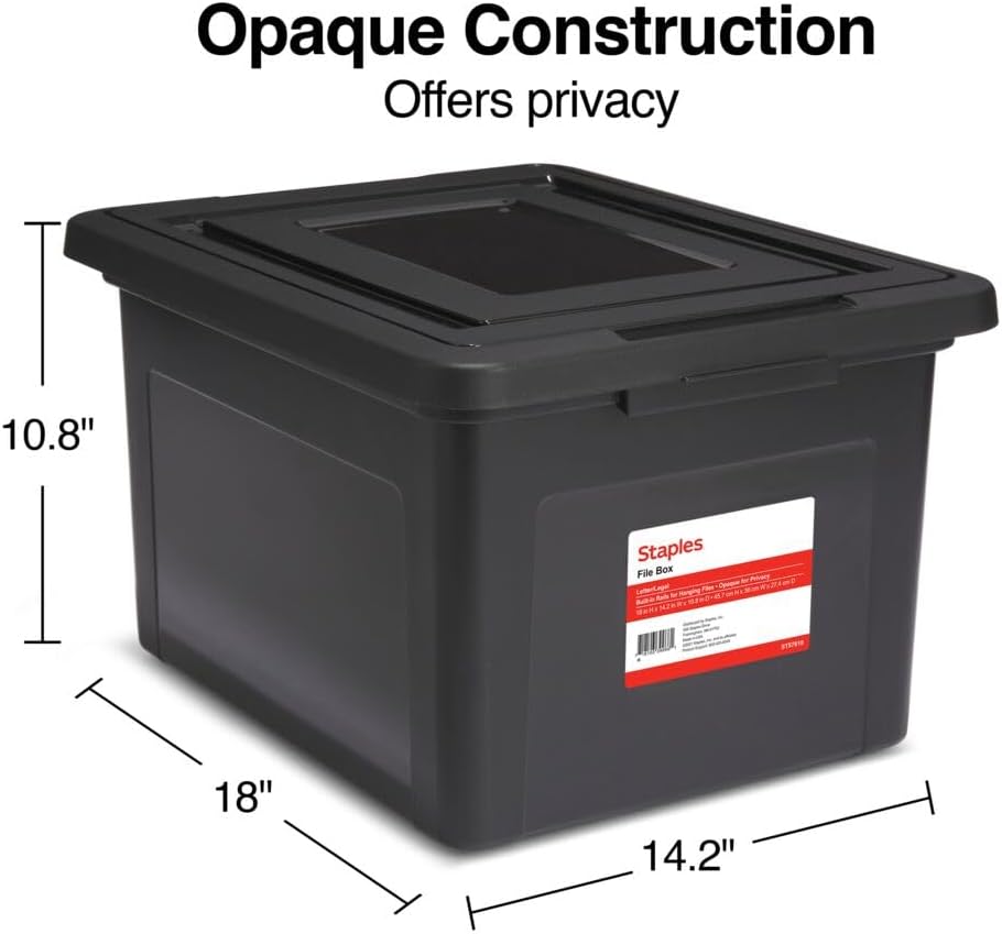 STAPLES Plastic File Box with Snap Lid, Letter/Legal Size, Clear, 4/Carton