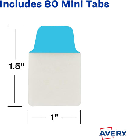 Avery Mini Ultra Tabs, 1" x 1.5", 2-Side Writable, Assorted Primary Colors, 80 Repositionable Tabs (74763)