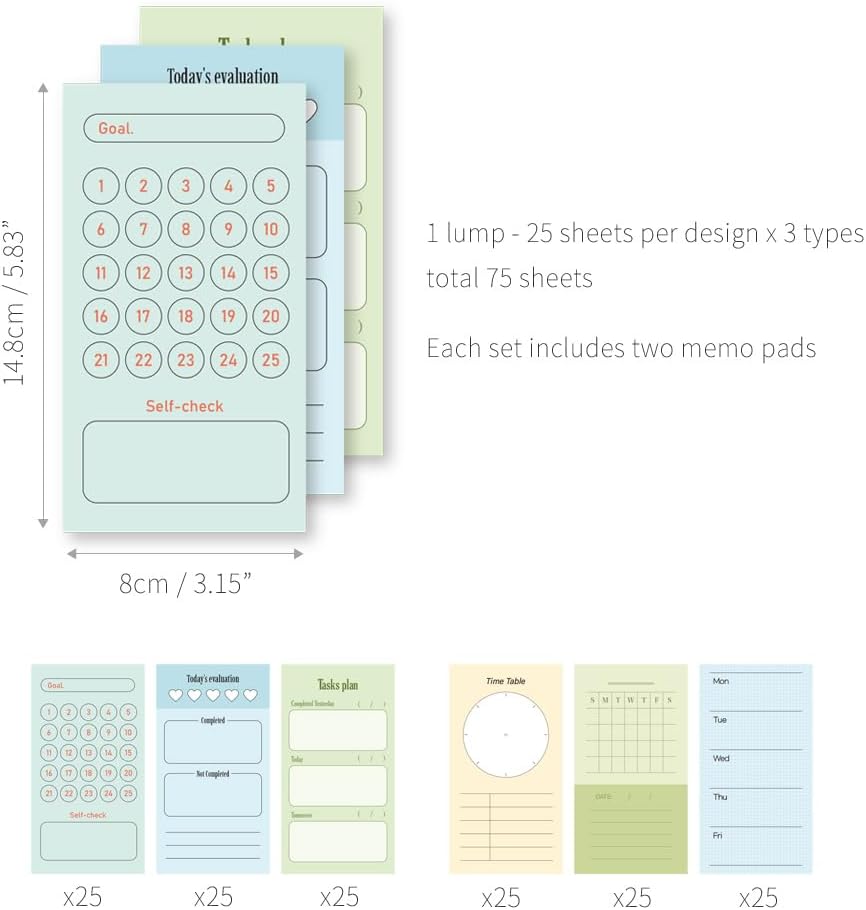 Monolike Memopad Memories design B SET - 4 Packs, 4 Different Designs, 100 Sheets Per Pad, Total 400 Sheets, Note pads, Writing pads, 3.15 x 4.17 Inches