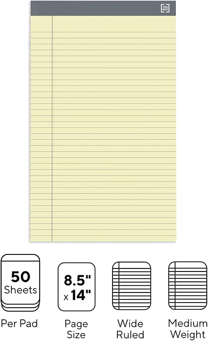 TRU RED Legal Pads, 8.5” x 14”, Wide Ruled, White, 50 Sheets/Pad, 12‑Pack