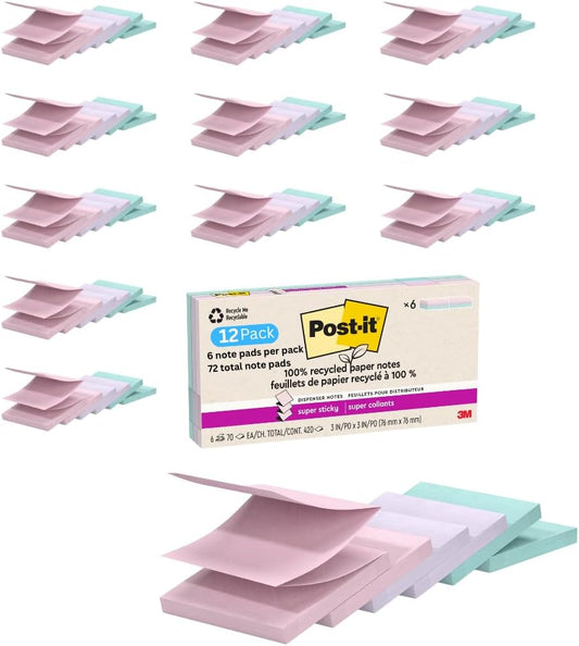 Post-it Super Sticky 100% Recycled Pop-up Notes, 3 in. x 3 in., 12-Pack, (70 Sheets, 6 Pads/per Pack) Wanderlust Collection, School Supplies and Office Products, 72 Pads Total Count