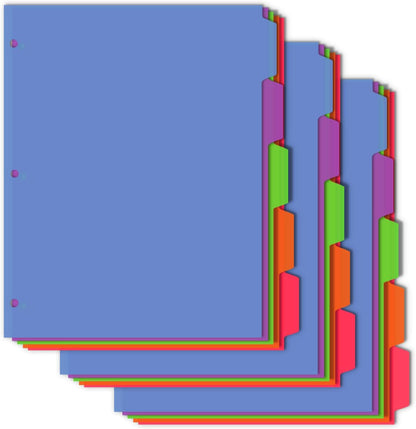 Cute 5 Tab Binder Dividers with Tabs, Write&Erase Plastic Dividers for 3 Ring Binder, Multicolor, Ring Binder Dividers with Tabs for School Office,6 Sets(30pcs)