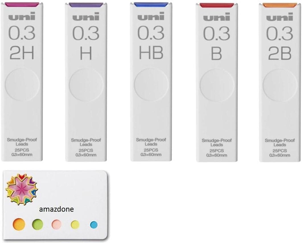 amazdone Uni Mechanical Pencil Lead,The Uni Smudge-Proof Leads 0.3mm（ULS0325）/HB,H,2H,B,2B - 5 Pack/total 125 Leads Sticky Notes Value Set