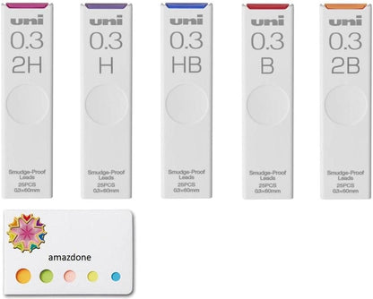 amazdone Uni Mechanical Pencil Lead,The Uni Smudge-Proof Leads 0.3mm（ULS0325）/HB,H,2H,B,2B - 5 Pack/total 125 Leads Sticky Notes Value Set