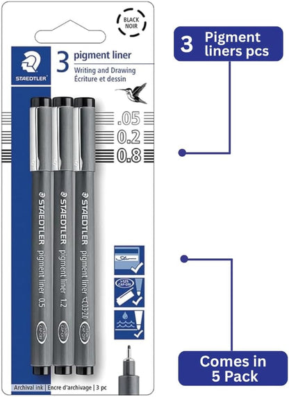 Staedtler Pigment Liner Pack, Black, 8 Pens, Assorted Line Widths, 0.05mm, 0.1mm, 0.2mm, 0.3mm, 0.5mm, 0.8mm, 1.0mm, 1.2mm