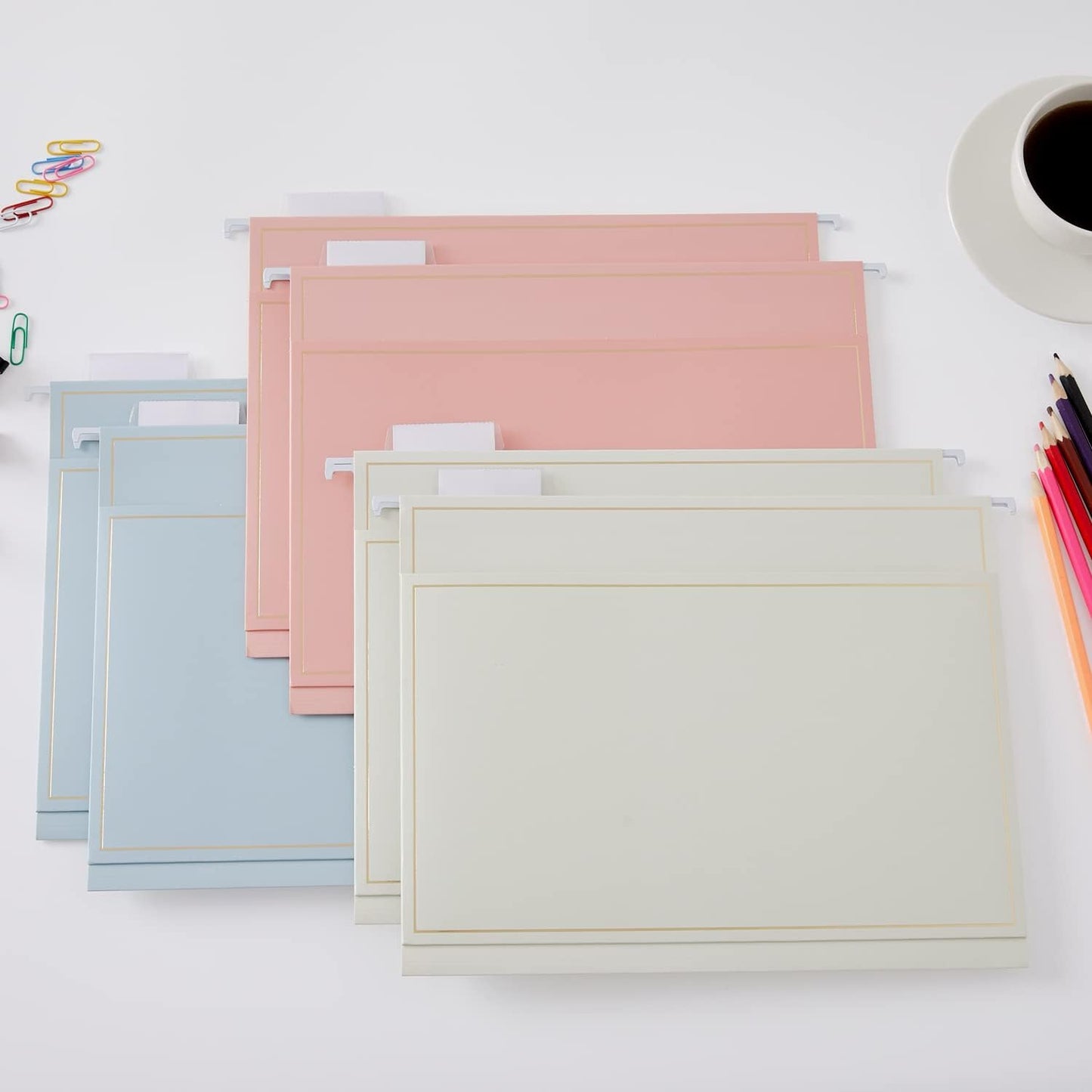 Y YOMA 6 Pack Rose Gold Hanging File Folders with Pocket Letter Size Decorative File Folder Cute Pretty Hanging Folder for Office Home School with 1/5-Cut Adjustable Tabs, Inner Storage Pockets