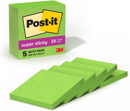 Post-it Super Sticky Notes, 5 Sticky Note Pads, 3 x 3 in., School Supplies, Office Products, for Vertical Surfaces, Monitors, Walls and Windows, First Snow White