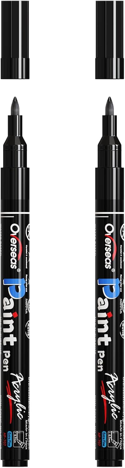 Overseas White Acrylic Paint Pens 2 Pack, 0.7mm Extra Fine Tip Permanent Markers, Water-Based, Quick Drying, Waterproof, Non Toxic Paint Markers for Wood, Metal, Rock, Plastic, Glass, Canvas, Fabric