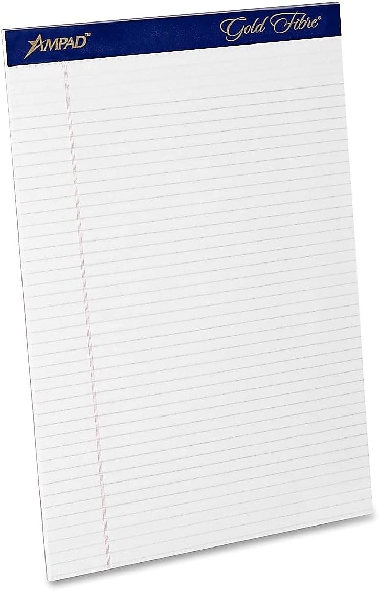 Ampad 20-072R Gold Fibre Perforated Pad, Size 8-1/2x11-3/4, White Paper, Narrow Ruling, 50 Sheets Per Pad, 60 Point Chipboard Backing, Pack of 12