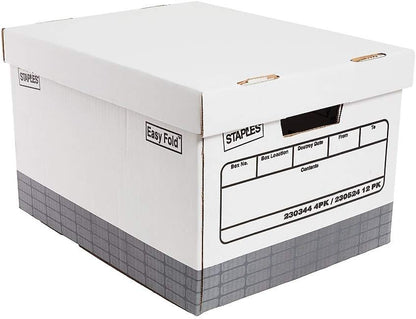 STAPLES Storage & Filing Box, Medium-Duty with Handles & Removeable Lid, Letter Size Documents, Stackable, 12-Pack, White/Gray