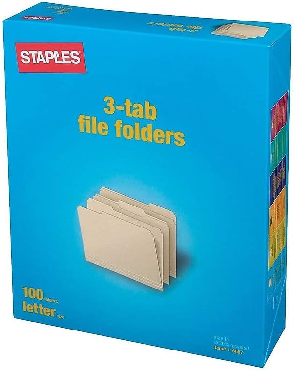 Staples Recycled File Folders, Legal Size, 1/3‑Cut Tabs, Manila, 30% Recycled Paper Stock, 100/Box