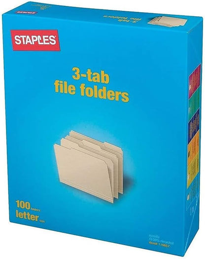 Staples Recycled File Folders, Legal Size, 1/3‑Cut Tabs, Manila, 30% Recycled Paper Stock, 100/Box