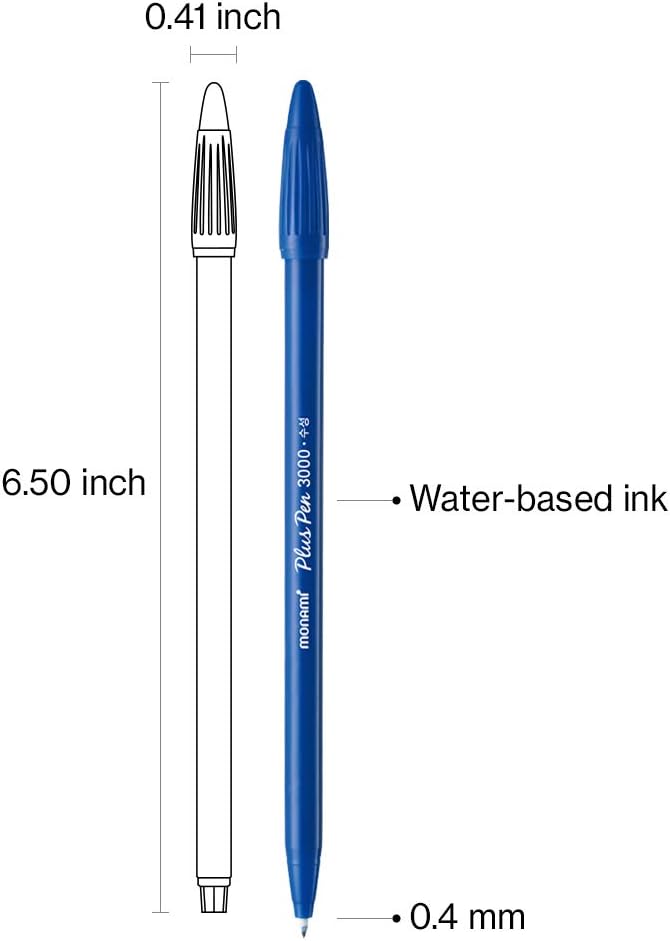 MONAMI Plus Pen 3000 Felt Tip Pens, Fine Point (0.4mm), Fine Liner, Writing/Journaling/Note Taking at home, school and office, Blue, 12-Count