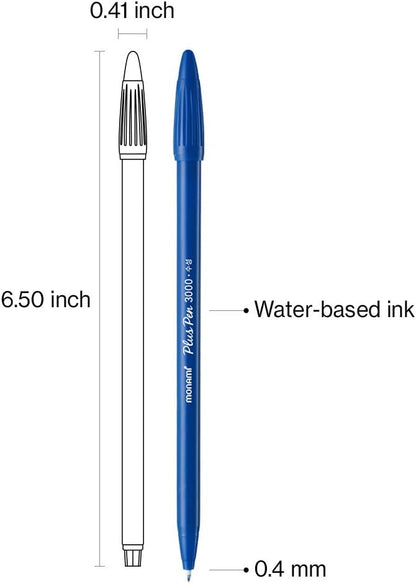 MONAMI Plus Pen 3000 Felt Tip Pens, Fine Point (0.4mm), Fine Liner, Writing/Journaling/Note Taking at home, school and office, Blue, 12-Count