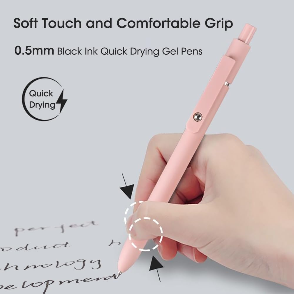 FIOVER 5pcs Gel Pens Quick Dry Ink Pens Fine Point Premium Retractable Rolling Ball Gel Pens Black Ink Smooth Writing for School Office Home