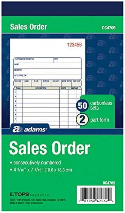 Adams Sales Order Book, 2-Part, Carbonless, White/Canary, 4-3/16 x 7-3/16 Inches, 50 Sets per Book (DC4705)