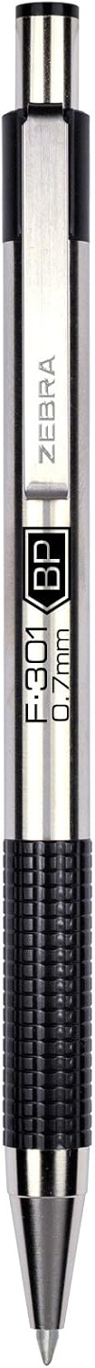 Zebra Pen F-301 Ballpoint Black, Blue, Red and Green Ink, Fine Point 0.7mm Pen, Easy-Glide Ink, Stainless Steel Retractable, Non-Slip Grip, Professional Design, Ideal for Office, 4-Pack (27174)