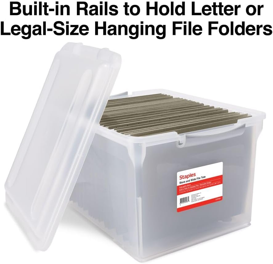 STAPLES Plastic File Box with Snap Lid, Letter/Legal Size, Clear, 4/Carton