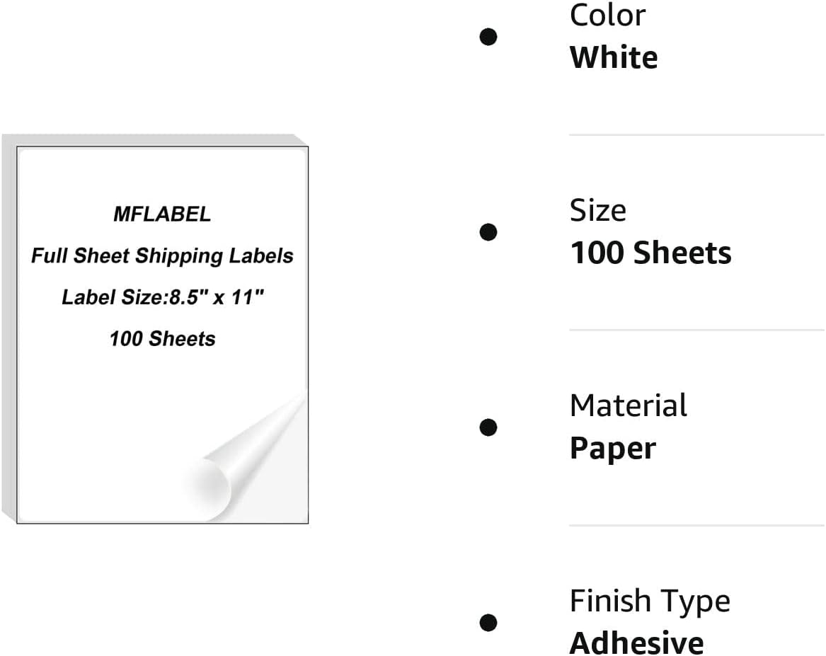 MFLABEL Half Sheet Shipping Labels - 200 Self Adhesive Sticker Sheets for Laser & Inkjet Printers, Waterproof & Smudge-Free, with 12 Free Fragile Labels for Packaging, Shipping and Crafting - Colors A