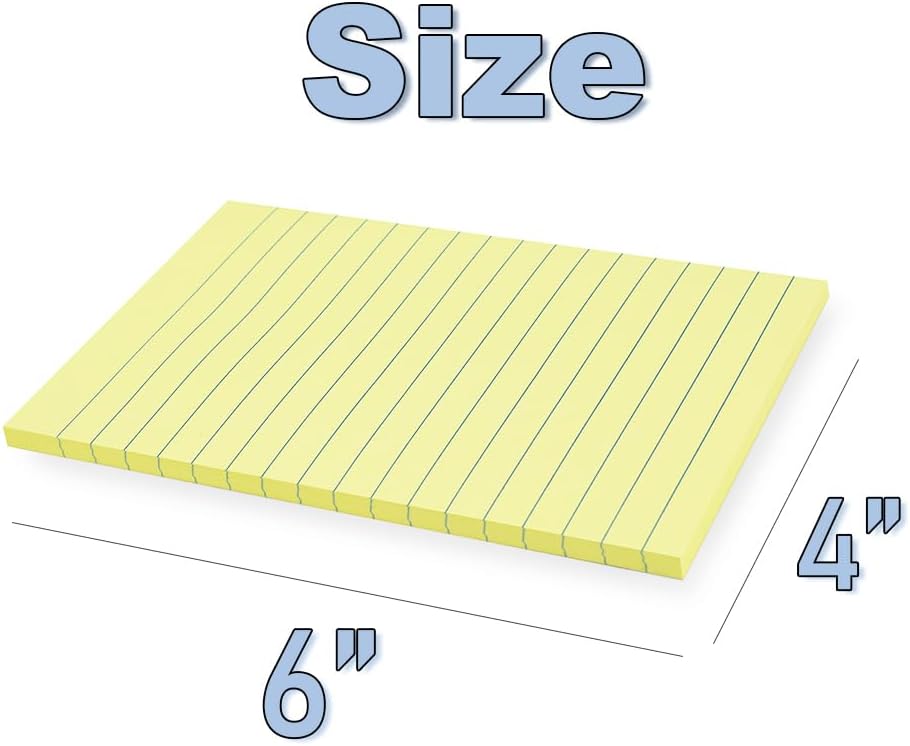 (12 Pack) Lined Sticky Notes 4x6 in,Yellow Large Notepads with Lines,Ruled Stickies Super Sticking Power,Office School Memo Note Pads,Post on Windows Doors,Recyclable,Easy to Write on,Hold Well