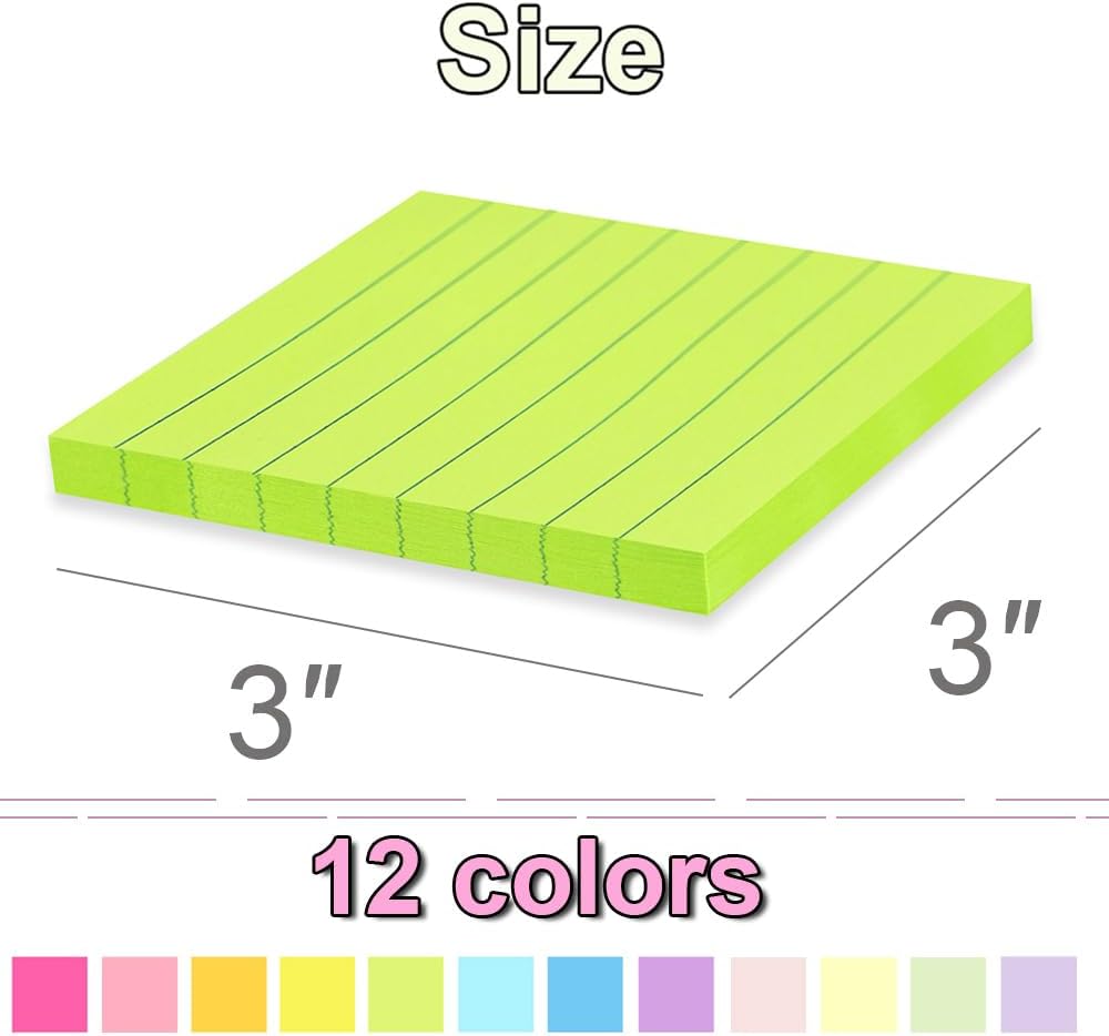 (24 Pack) Lined Sticky Notes 3x3 in,Notepads with Lines,Ruled Stickies Super Sticking Power,Office School Memo Note Pads Bright Colors,Post on Windows Doors,Recyclable,Easy to Write on