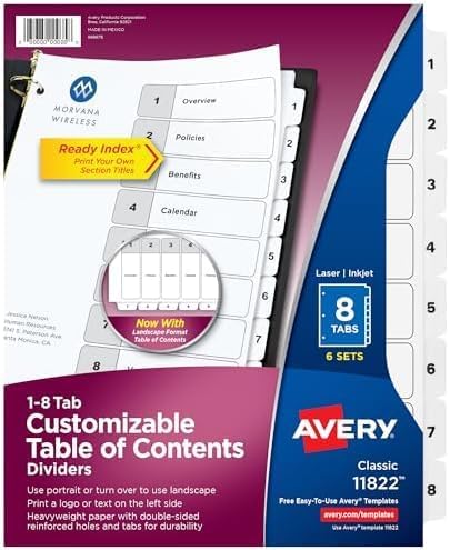 Avery 8 Tab Dividers for 3 Ring Binders, Customizable Table of Contents, Classic White Tabs, 6 Sets (11822)