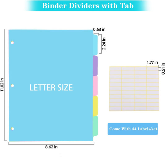 3 Ring Binder Dividers with TAB,48PCS/6 Set Plastic File Dividers,8 Tab 3 Hole Punch Dividers,Pastel Color,Letter Size,6 Sets
