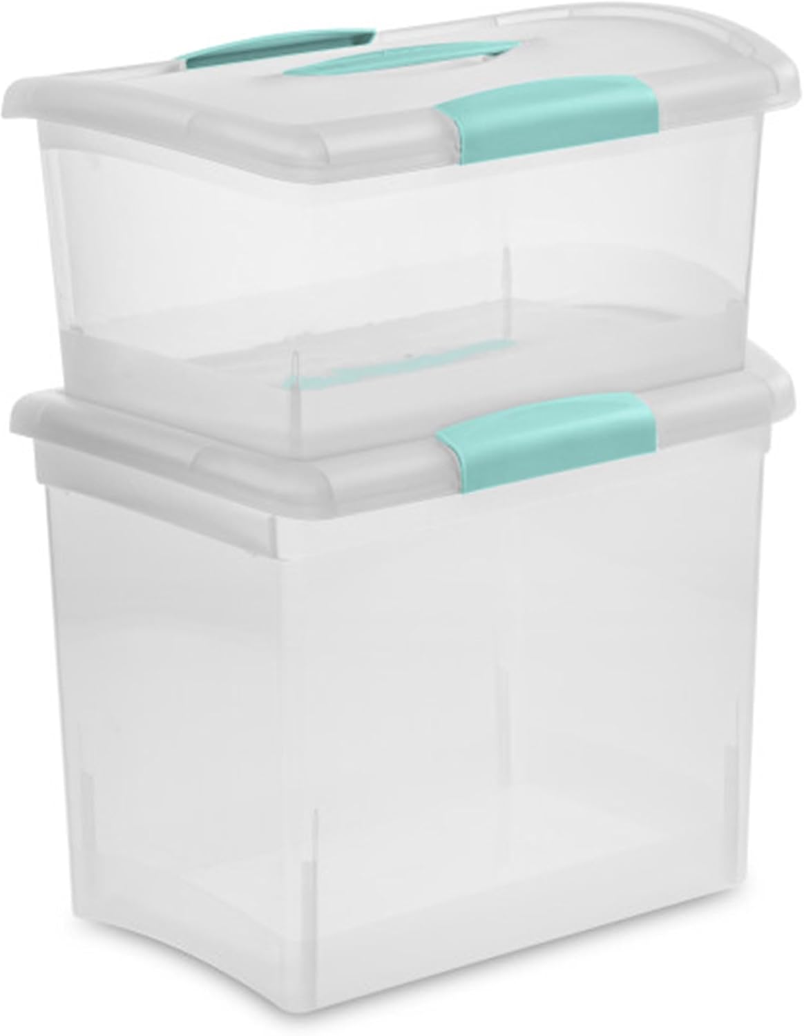 Sterilite Large Nesting ShowOffs, Stackable Small Storage Bin with Latching Lid and Handle, Plastic Container to Organize Office Files, Clear, 6-Pack