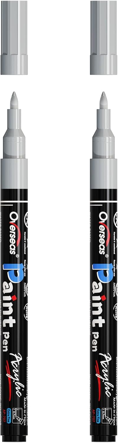 Overseas White Acrylic Paint Pens 2 Pack, 0.7mm Extra Fine Tip Permanent Markers, Water-Based, Quick Drying, Waterproof, Non Toxic Paint Markers for Wood, Metal, Rock, Plastic, Glass, Canvas, Fabric
