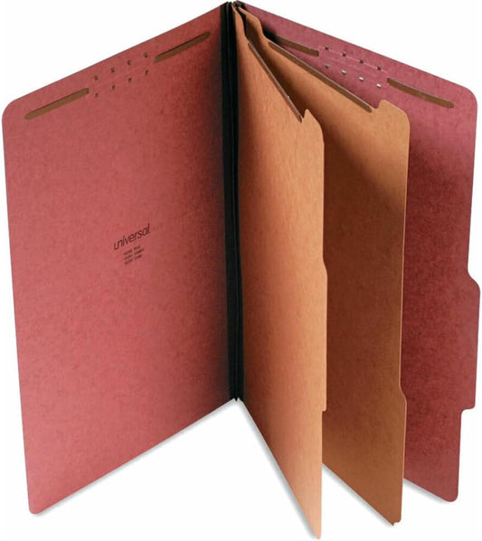 Universal Brick Red Top Tab Classification Fastener Folder, Legal Size, 2/5 Cut, 2 Dividers, 6 Fasteners, Pack of 10