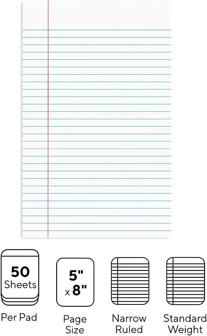 STAPLES Notepads, 8.5” x 11”, Narrow Ruled, White, 50 Sheets/Pad, 12‑Pack