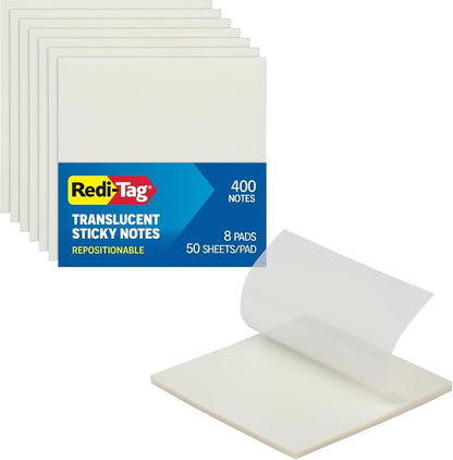 Redi-Tag Translucent Sticky Notes, Transparent Self-Stick Notes, 3" x 3", 4 Pads, 50 Notes Per Pad, 200 Sheets (1006596)