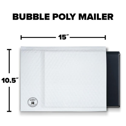 Scotch Poly Bubble Mailer, White, Large, Size 5, Inside Dimensions 10.5 IN x 15 IN, made with 50% recycled plastic