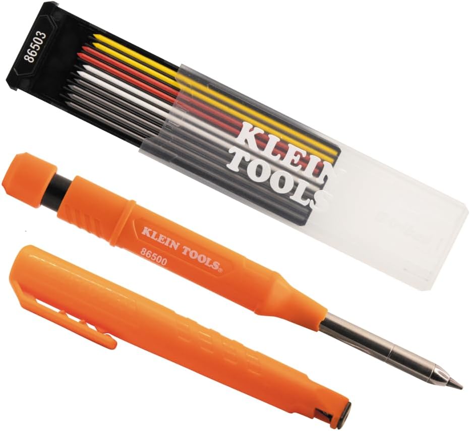 KLEIN TOOLS 80188 Skribes 2.8 mm Mechanical Carpenter Pencil with Built-In Sharpener and 10-Pack Graphite Lead Refills, for Deep Hole Marking for Woodworking and Construction