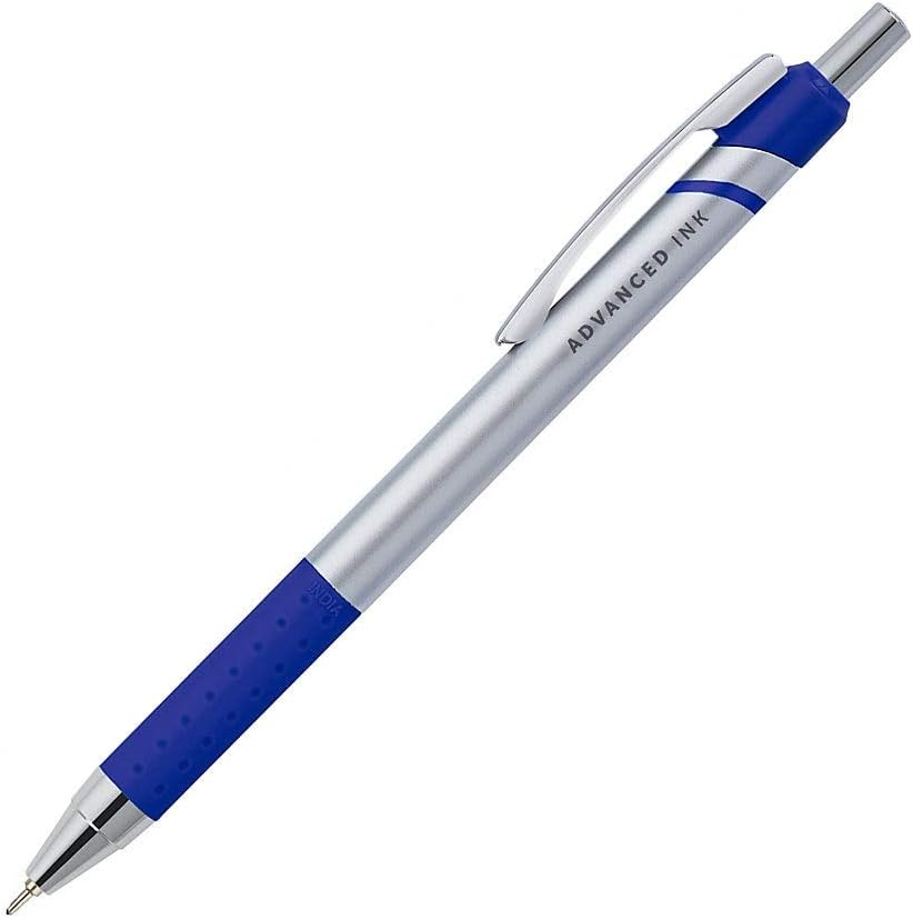 Office Depot Advanced Ink Retractable Ballpoint Pens, Needle Point, 0.7 mm, Silver Barrel, Blue Ink, Pack Of 12