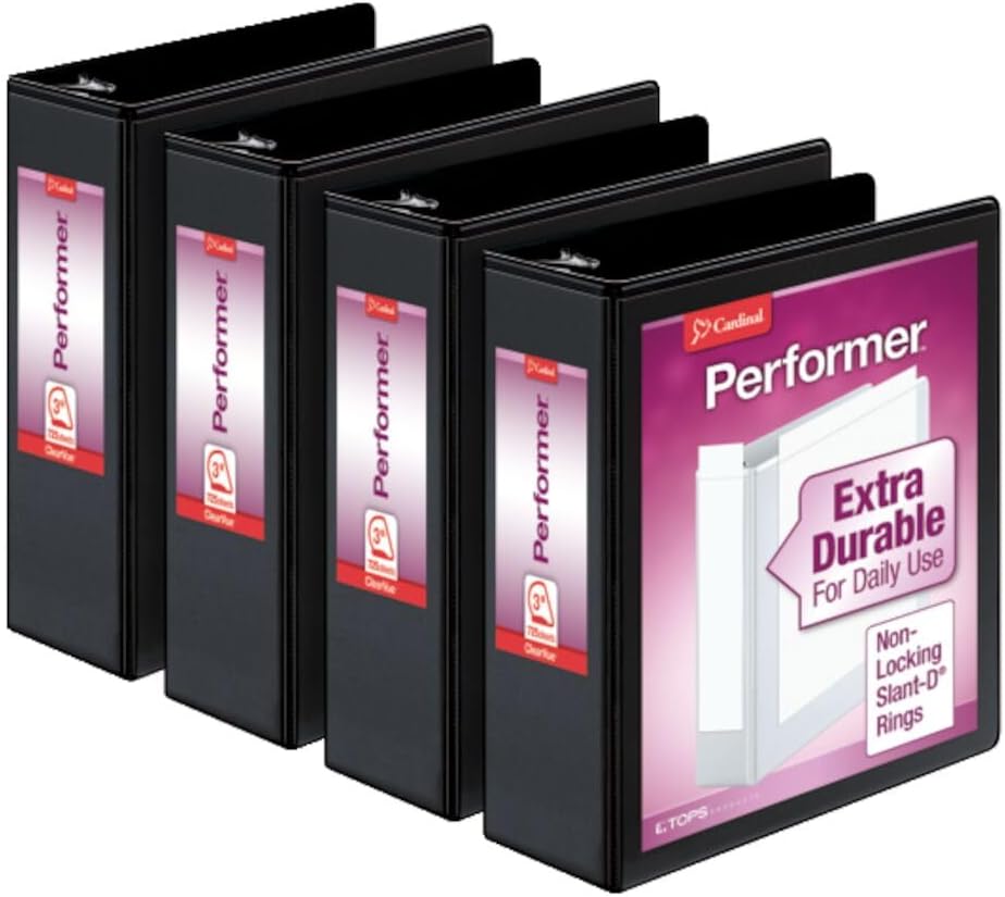 Cardinal Performer 3-Ring Binders, 2", Non-Locking Slant-D Rings, 540-Sheet Capacity, ClearVue Presentation, Non-stick, PVC-Free, Black, 4-Pack (27501)