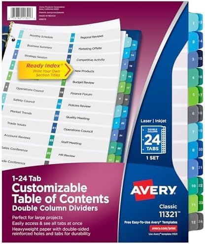 Avery Double Column 24 Tab Dividers for 3 Ring Binders, Customizable Table of Contents, Multicolor Tabs, 1 Set (11321)