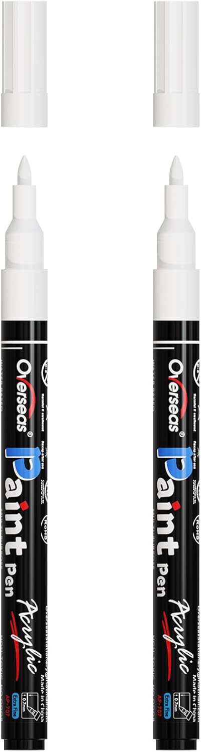 Overseas White Acrylic Paint Pens 2 Pack, 0.7mm Extra Fine Tip Permanent Markers, Water-Based, Quick Drying, Waterproof, Non Toxic Paint Markers for Wood, Metal, Rock, Plastic, Glass, Canvas, Fabric