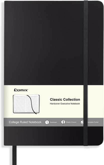 Comix 6 Pack Lined Journal Notebooks for Work, 240 Pages, 5.5"x8.3", Black, Hardcover, A5 Medium College Ruled, Journaling Notebooks for Notes-Taking, Fits for Office School Home