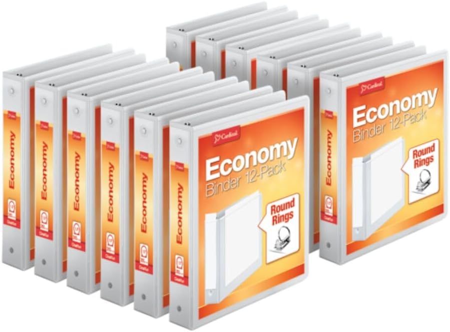 Cardinal Economy 3-Ring Binders, 3", Round Rings, Holds 625 Sheets, ClearVue Presentation View, Non-Stick, White, Carton of 12 (90651)