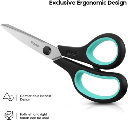 Scissors, iBayam 8" All Purpose Scissors Bulk 3-Pack, Ultra Sharp 2.5mm Thick Blade Shears Comfort-Grip for Aesthetic Fun Cute School Office Teacher Desk Crafts and Art Supplies Accessories Essential