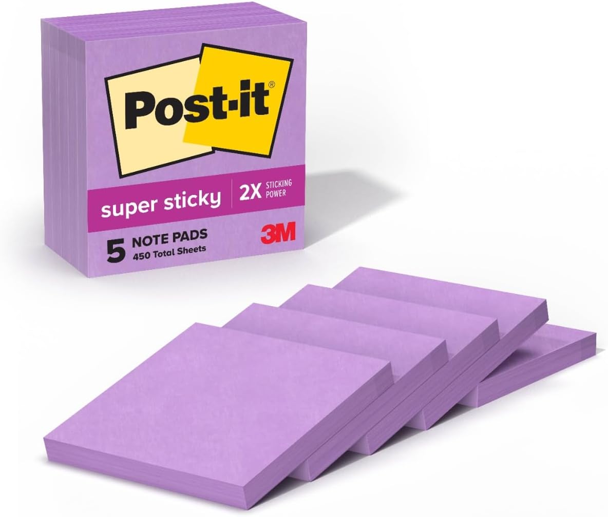 Post-it Super Sticky Notes, 5 Sticky Note Pads, 3 x 3 in., School Supplies, Office Products, for Vertical Surfaces, Monitors, Walls and Windows, First Snow White