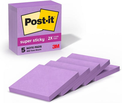 Post-it Super Sticky Notes, 5 Sticky Note Pads, 3 x 3 in., School Supplies, Office Products, for Vertical Surfaces, Monitors, Walls and Windows, First Snow White