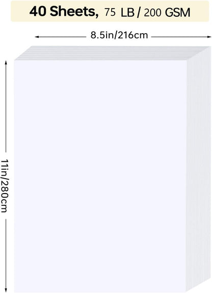 White Cardstock 8.5 x 11, 40 Sheets Card Stock, 75 LB/200 GSM Thick Copy Paper, Cardstock Printer Paper for School & Office Supplies, Art, Watercolo, Craft, Drawing, Invitations, Menus, DIY Cards