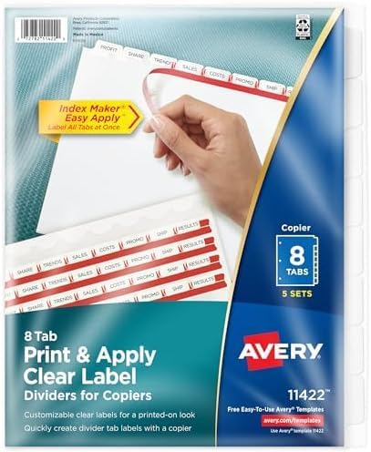 Avery 8 Tab Dividers for 3 Ring Binder, Easy Print & Apply Clear Label Strip for Copiers, Index Maker Customizable White Tabs, 5 Sets (11422)
