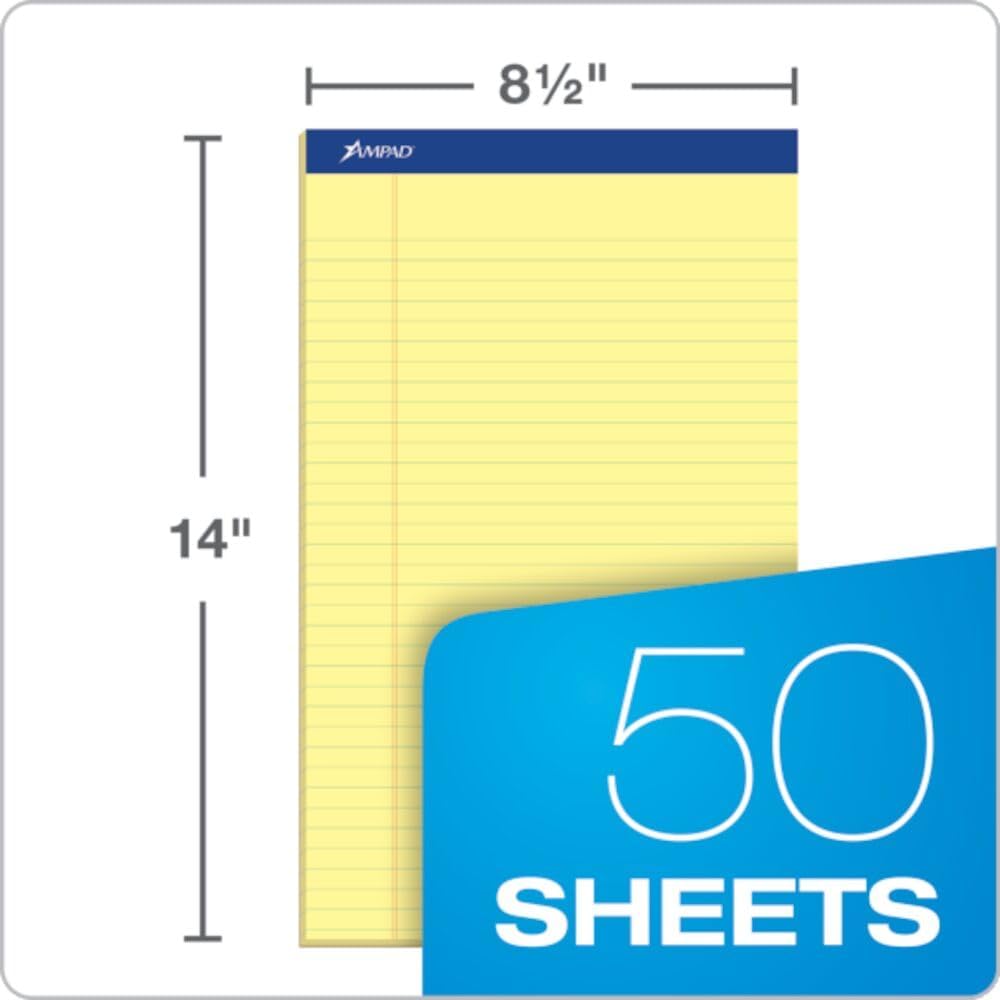 Ampad TOP20230 20-230 Evidence Perf 8-1/2x14 Pads, Wide Rule, Red Margin, Canary, 50 Sheets, Dozen
