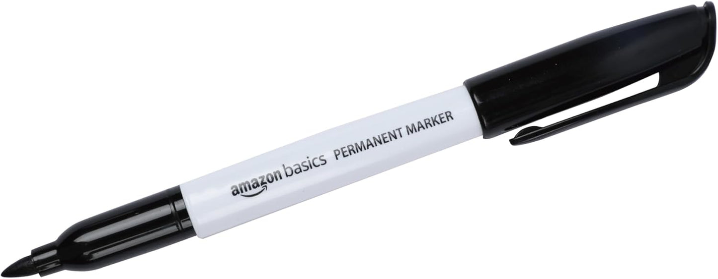 Amazon Basics Fine Tip Permanent Markers for Writing, Drawing, Quick Drying, Office, School, and Home Use, Black, 24 Pack