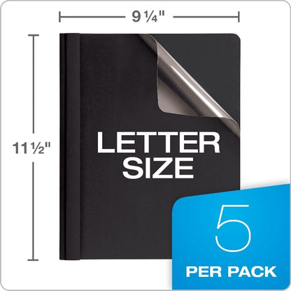 Oxford Linen Report Covers, Clear Front, Letter Size Folder with Prongs, for Presentation at School or Office, Black, 5 per Pack (50406)